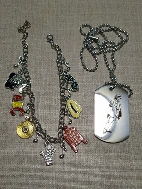 Silver-tone Michael Jackson Dog Tag Necklace + Music Charm Bracelet - Multicolor
